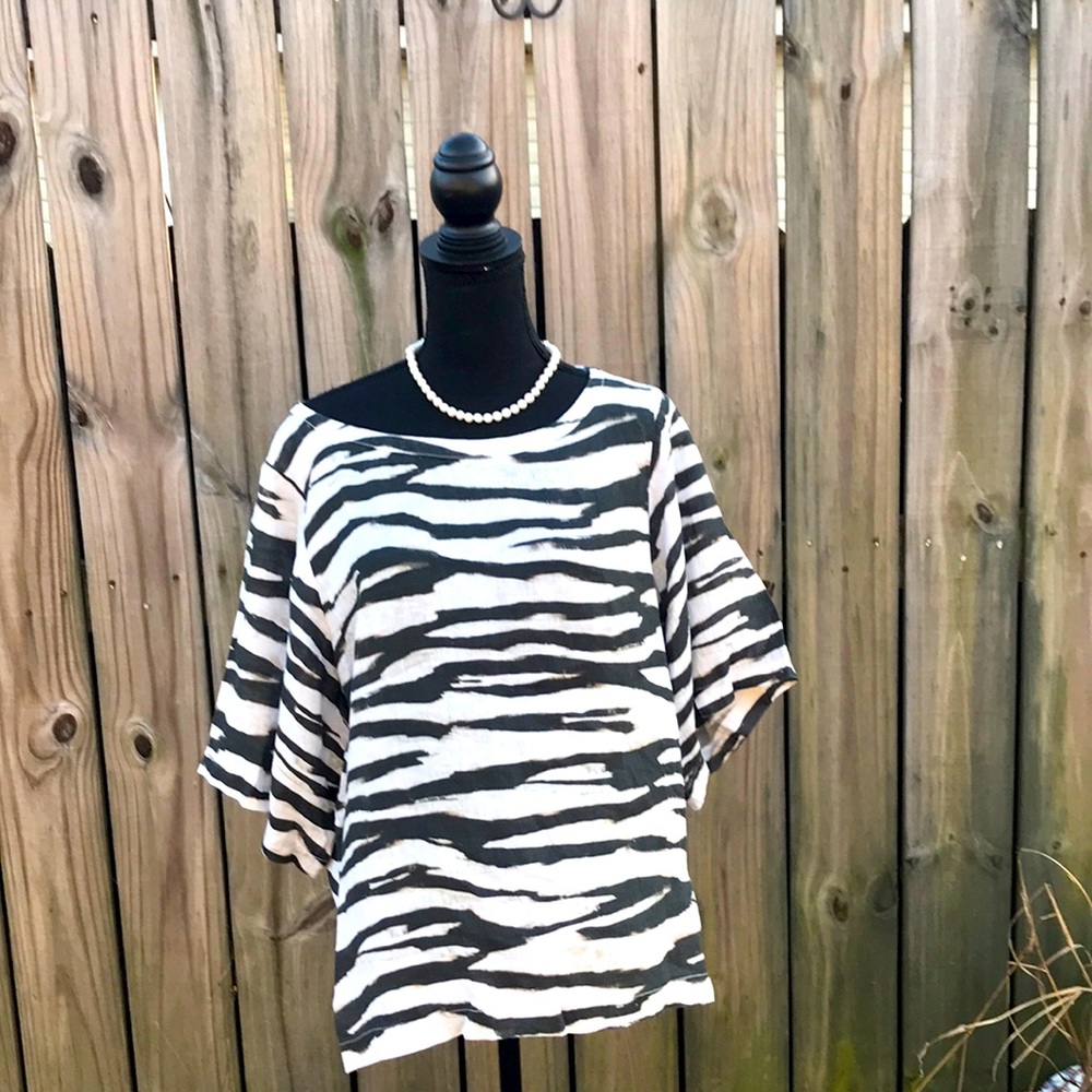 120% Zebra Print Short Sleeve Linen Blouse